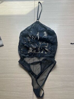 Victoria's Secret Black Sheer Embroidered Halter Bodysuit Size XS